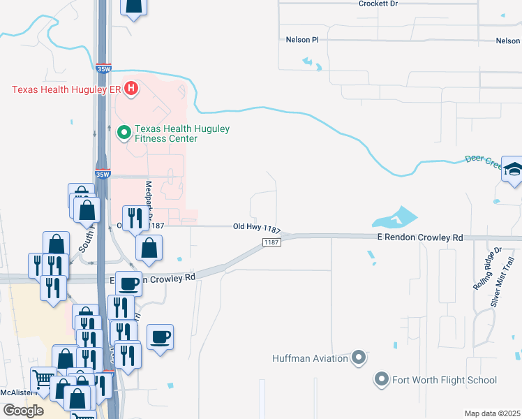 map of restaurants, bars, coffee shops, grocery stores, and more near 621 Old Highway 1187 in Burleson