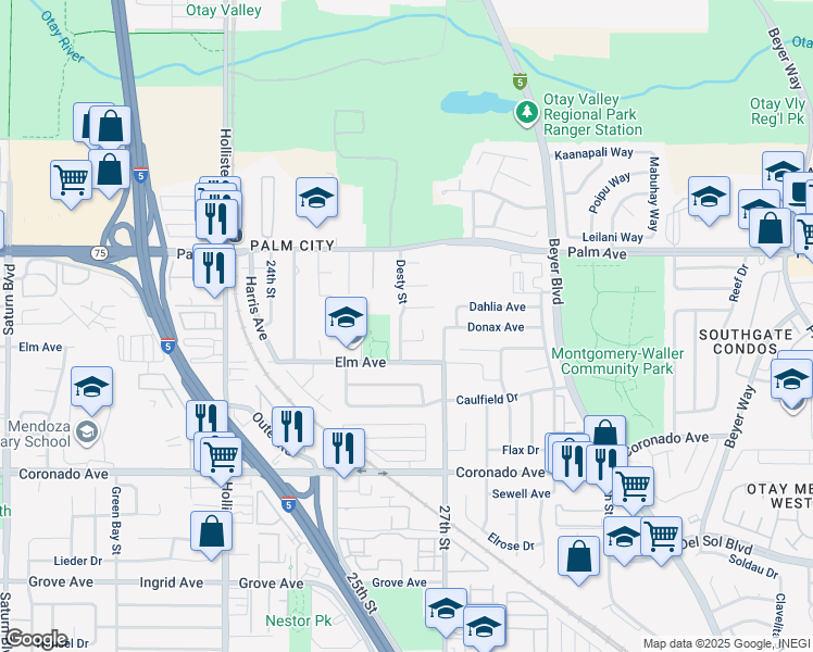 map of restaurants, bars, coffee shops, grocery stores, and more near 861 Desty Street in San Diego