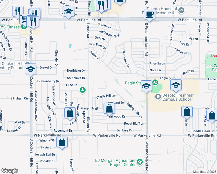 map of restaurants, bars, coffee shops, grocery stores, and more near 501 Rolling Hills Lane in DeSoto