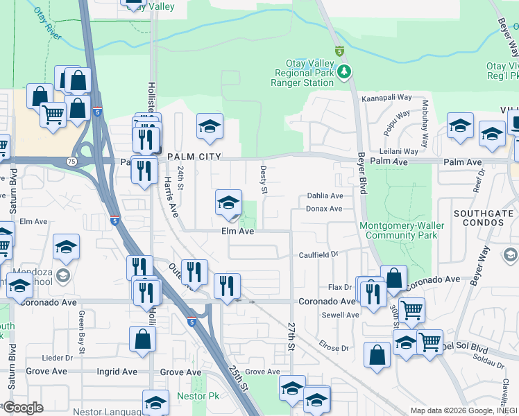 map of restaurants, bars, coffee shops, grocery stores, and more near 860 Desty Street in San Diego
