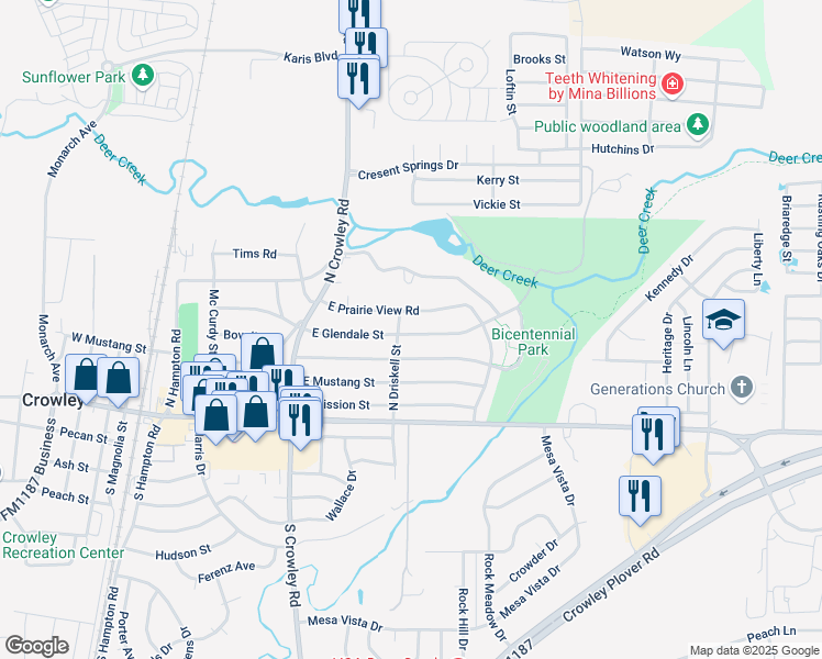 map of restaurants, bars, coffee shops, grocery stores, and more near 705 East Glendale Street in Crowley