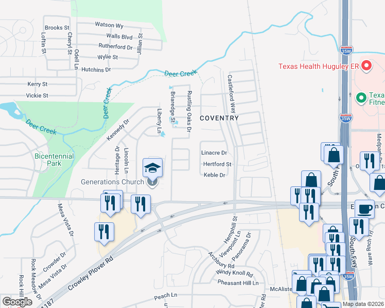 map of restaurants, bars, coffee shops, grocery stores, and more near 12120 Worchester Drive in Crowley