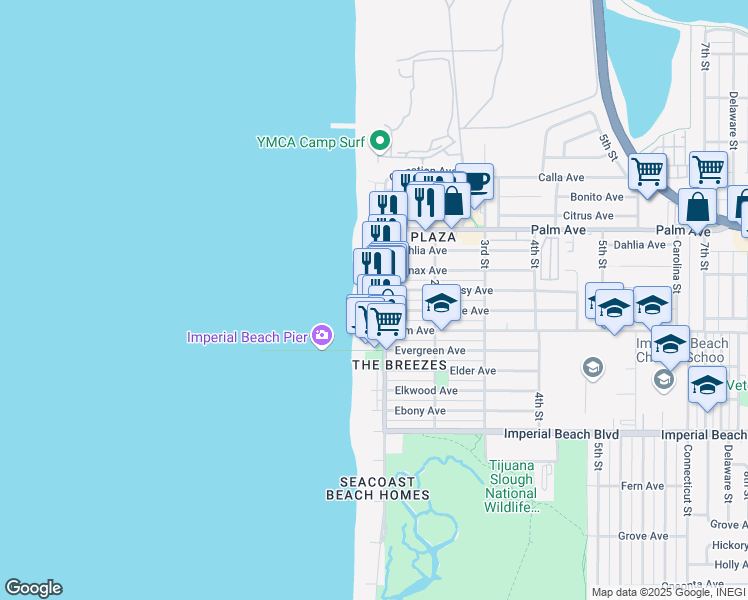map of restaurants, bars, coffee shops, grocery stores, and more near 800 Seacoast Drive in Imperial Beach