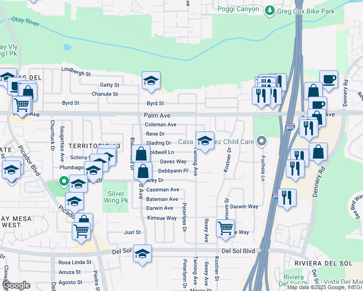 map of restaurants, bars, coffee shops, grocery stores, and more near 4077 Glading Drive in San Diego