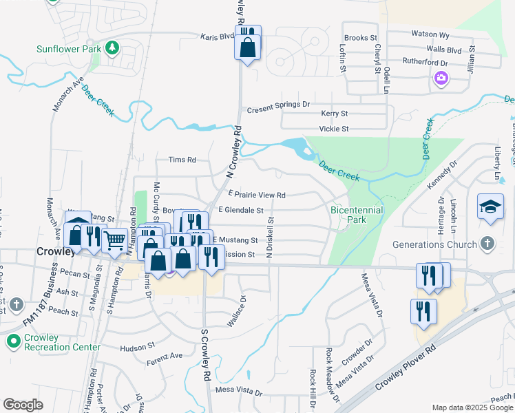 map of restaurants, bars, coffee shops, grocery stores, and more near 613 East Glendale Street in Crowley