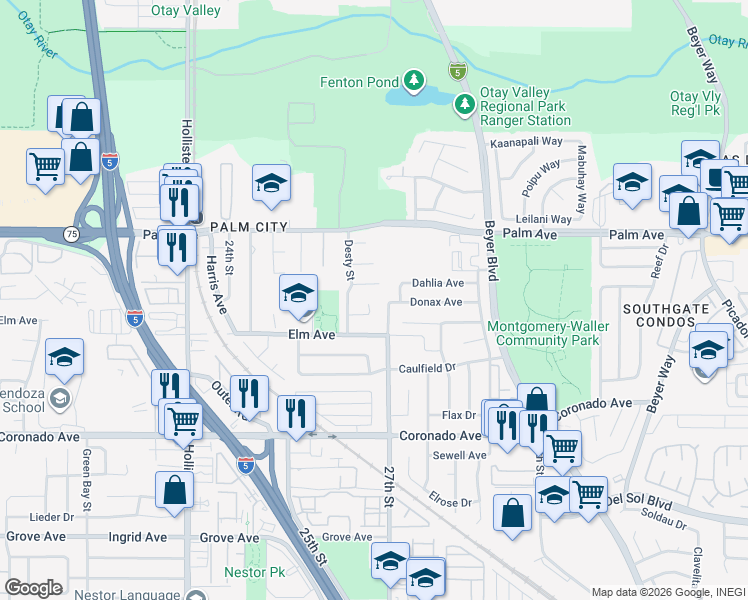 map of restaurants, bars, coffee shops, grocery stores, and more near 2691 Desty Court in San Diego