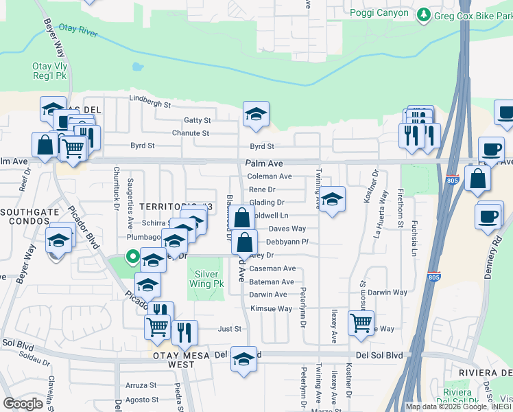 map of restaurants, bars, coffee shops, grocery stores, and more near 3947 Glading Drive in San Diego