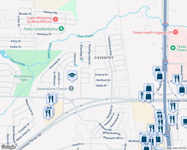 map of restaurants, bars, coffee shops, grocery stores, and more near 12124 Worchester Drive in Crowley