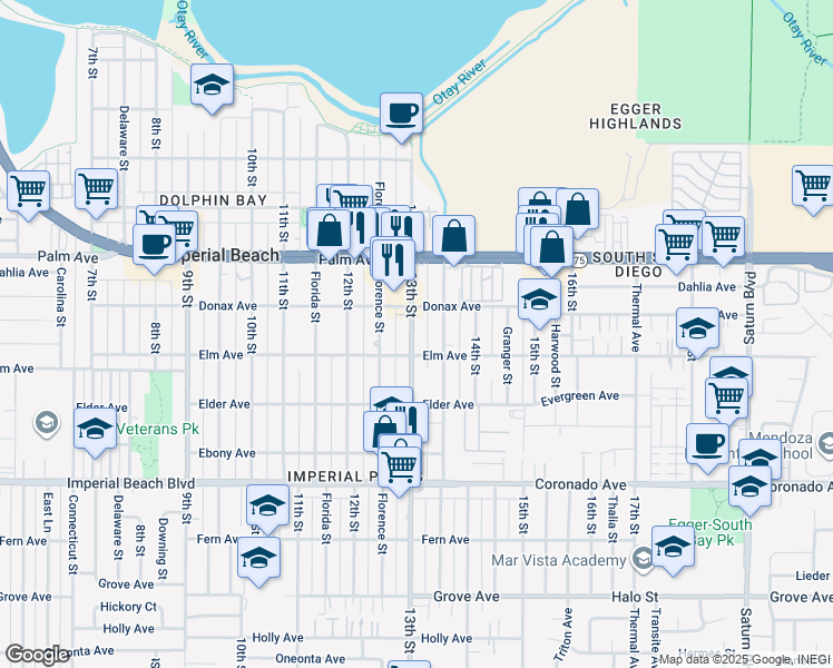 map of restaurants, bars, coffee shops, grocery stores, and more near 838 Georgia Street in Imperial Beach