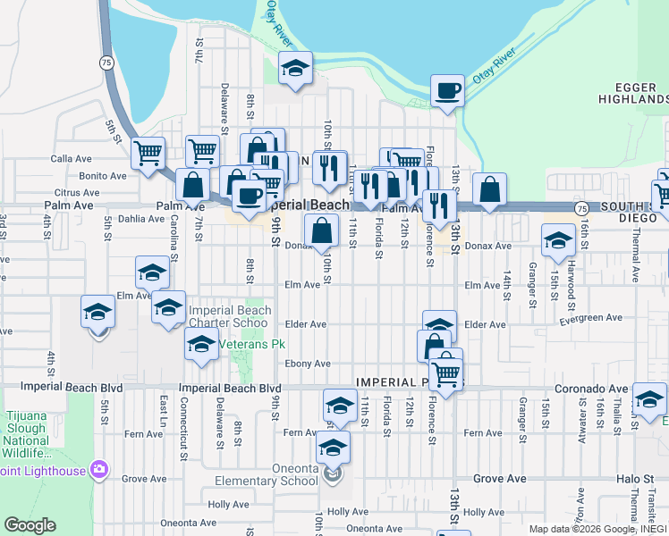 map of restaurants, bars, coffee shops, grocery stores, and more near 11TH Boulevard Avenue in Imperial Beach