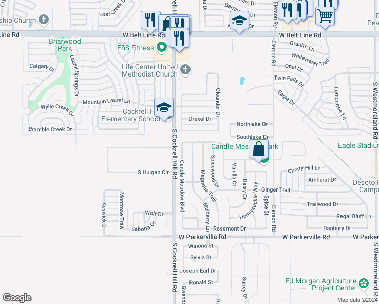 map of restaurants, bars, coffee shops, grocery stores, and more near 513 Mulberry Lane in DeSoto
