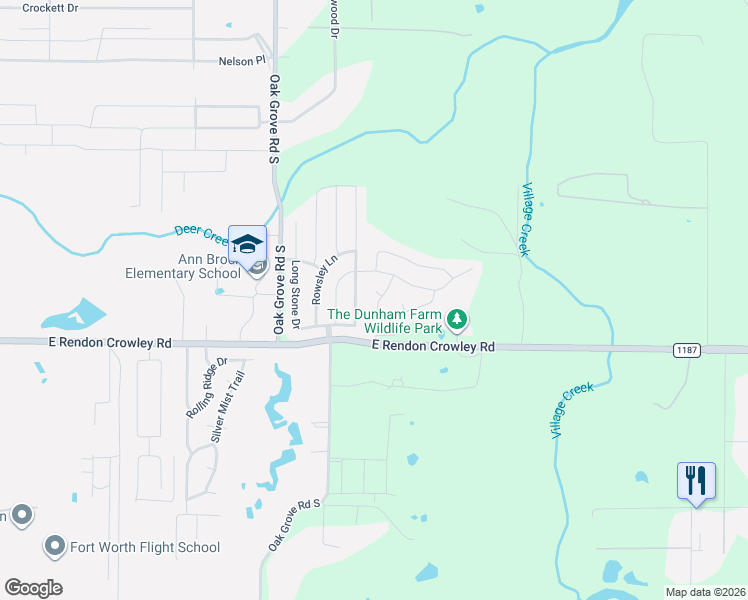 map of restaurants, bars, coffee shops, grocery stores, and more near 1708 Village Park Court in Burleson