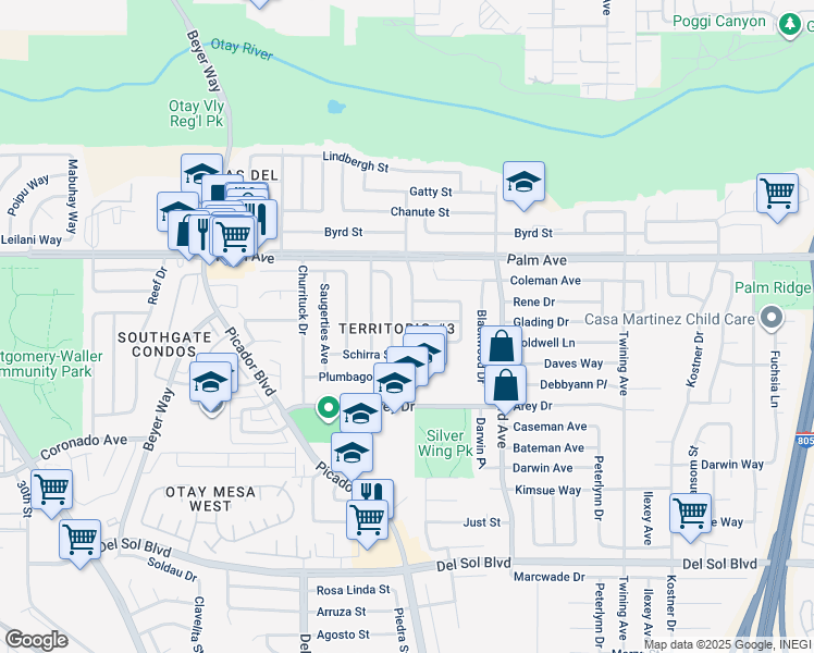 map of restaurants, bars, coffee shops, grocery stores, and more near 844 Norstad Street in San Diego