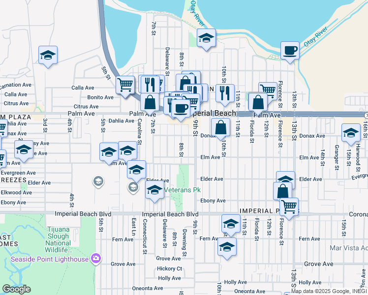 map of restaurants, bars, coffee shops, grocery stores, and more near 851 8th Street in Imperial Beach