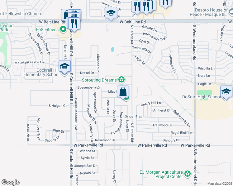 map of restaurants, bars, coffee shops, grocery stores, and more near 1016 Lilac Lane in DeSoto