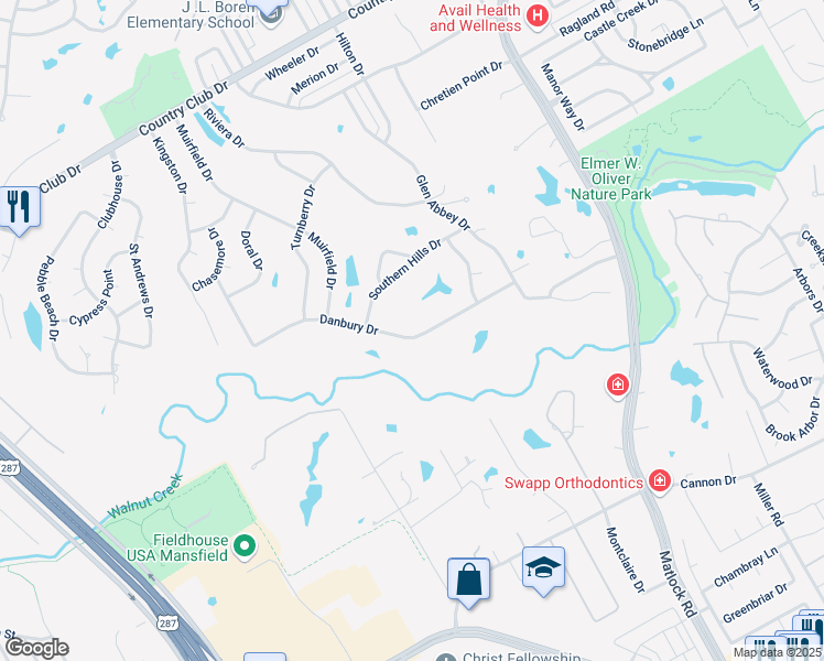 map of restaurants, bars, coffee shops, grocery stores, and more near 1405 Danbury Drive in Mansfield