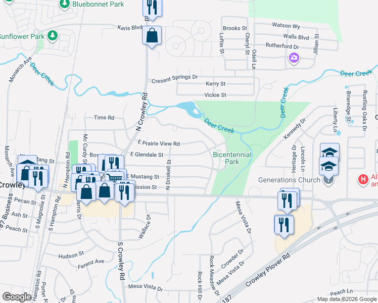 map of restaurants, bars, coffee shops, grocery stores, and more near 725 East Glendale Street in Crowley