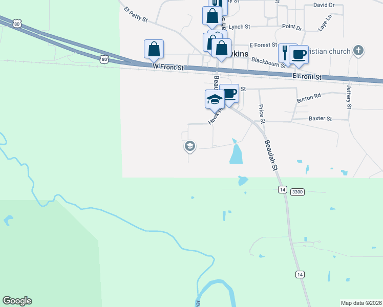 map of restaurants, bars, coffee shops, grocery stores, and more near 231 Hawk Drive in Hawkins