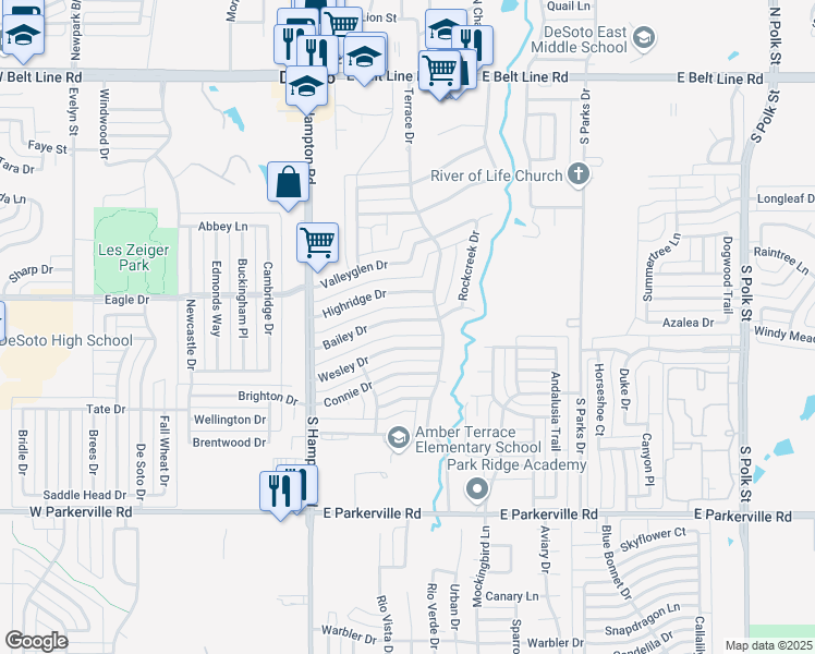 map of restaurants, bars, coffee shops, grocery stores, and more near 220 Bailey Drive in DeSoto