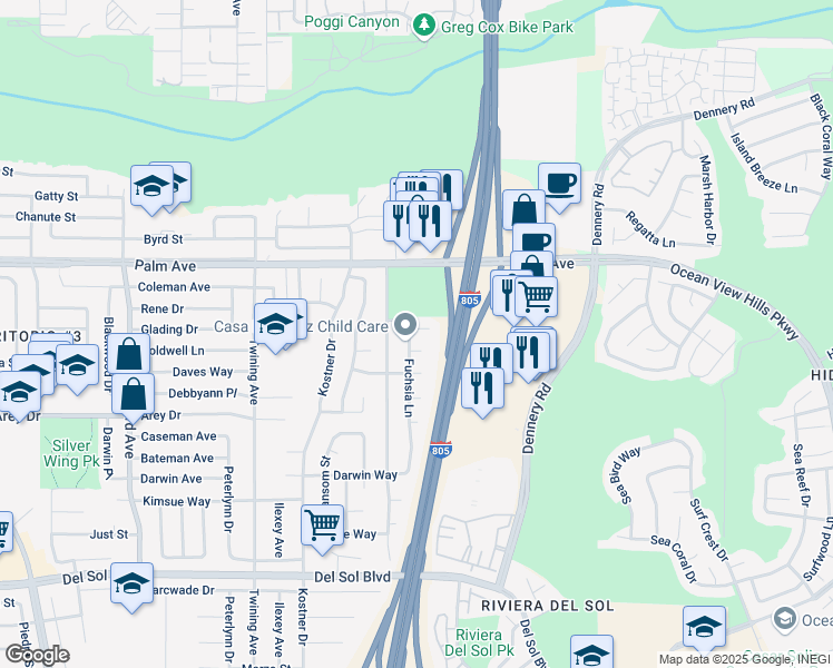 map of restaurants, bars, coffee shops, grocery stores, and more near 823 Fuchsia Lane in San Diego
