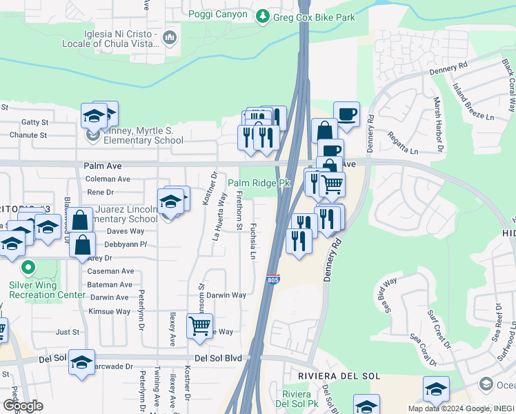 map of restaurants, bars, coffee shops, grocery stores, and more near 823 Fuchsia Lane in San Diego