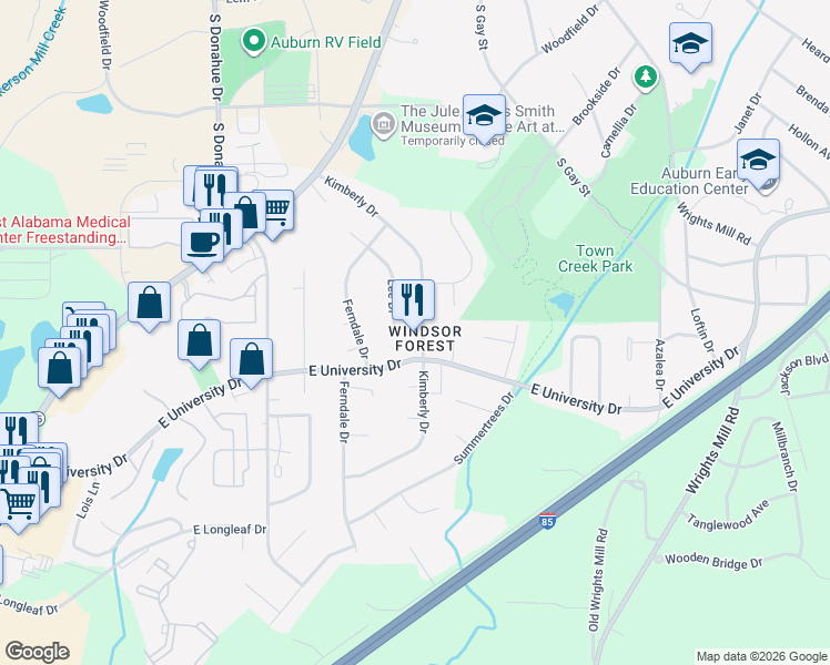 map of restaurants, bars, coffee shops, grocery stores, and more near 317 Kimberly Drive in Auburn
