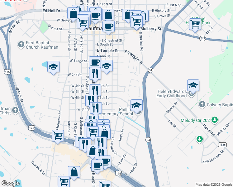map of restaurants, bars, coffee shops, grocery stores, and more near 406 E 5th St in Kaufman
