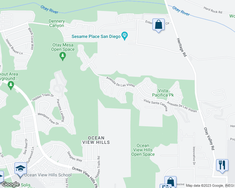 map of restaurants, bars, coffee shops, grocery stores, and more near 5630 Vista San Juanico in San Diego