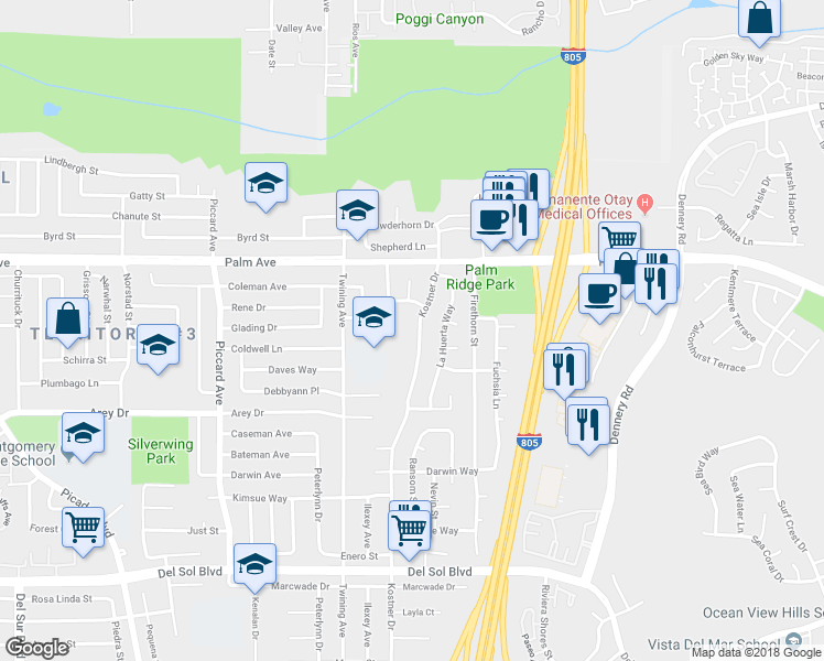 map of restaurants, bars, coffee shops, grocery stores, and more near 844 Kostner Drive in San Diego