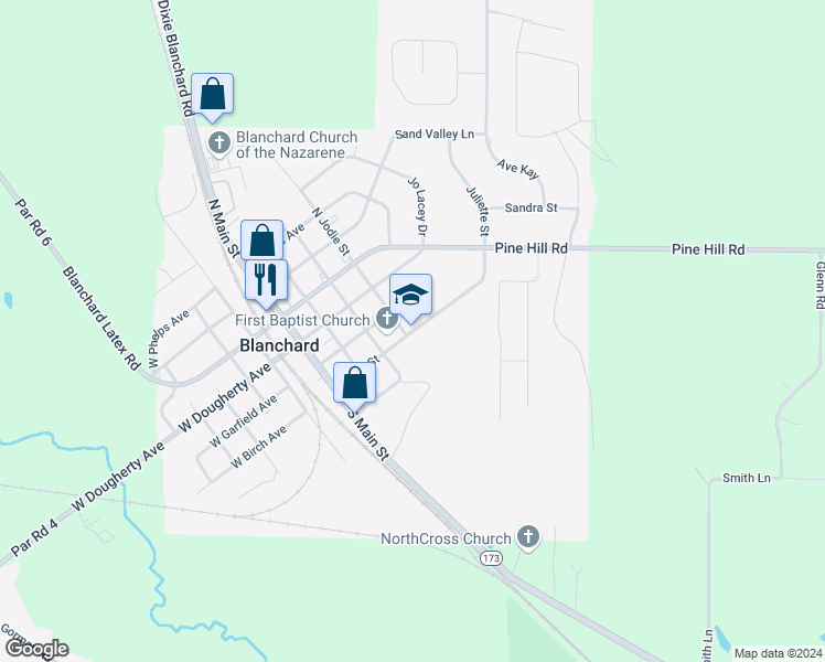 map of restaurants, bars, coffee shops, grocery stores, and more near 402 Birch Avenue in Shreveport