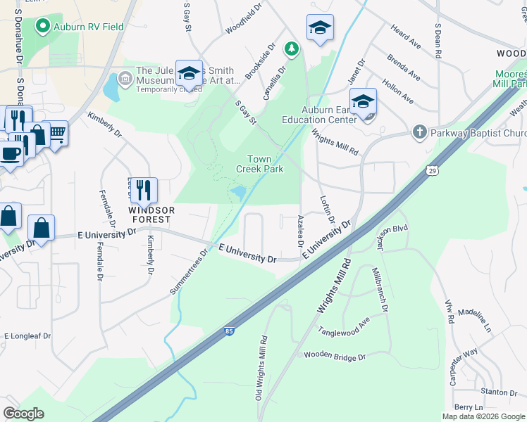 map of restaurants, bars, coffee shops, grocery stores, and more near 1347 Hampton Drive in Auburn