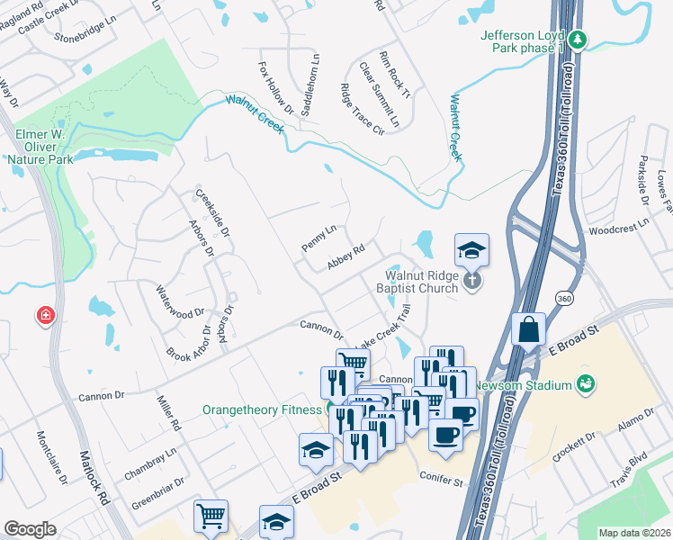 map of restaurants, bars, coffee shops, grocery stores, and more near 3206 Abbey Road in Mansfield