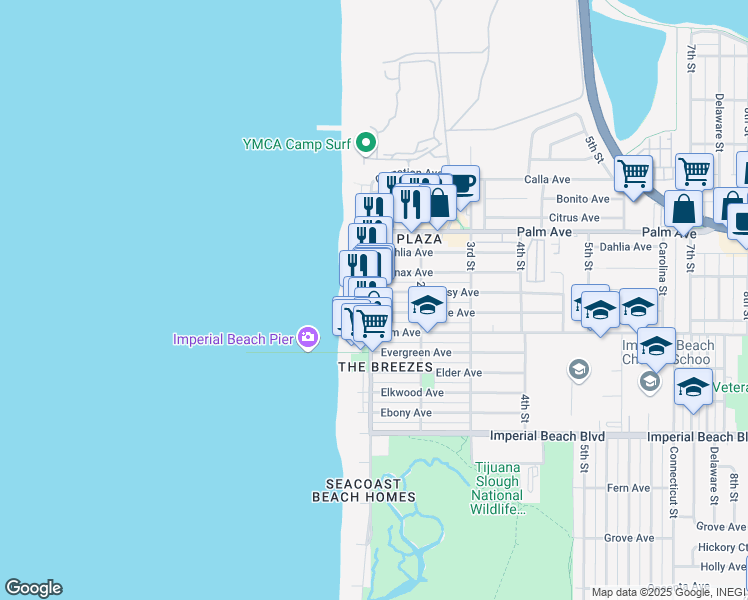 map of restaurants, bars, coffee shops, grocery stores, and more near 809 Seacoast Drive in Imperial Beach