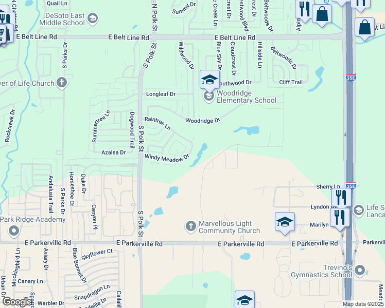 map of restaurants, bars, coffee shops, grocery stores, and more near 868 Windy Meadow Drive in DeSoto