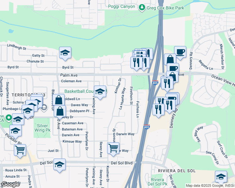 map of restaurants, bars, coffee shops, grocery stores, and more near 837 Kostner Drive in San Diego