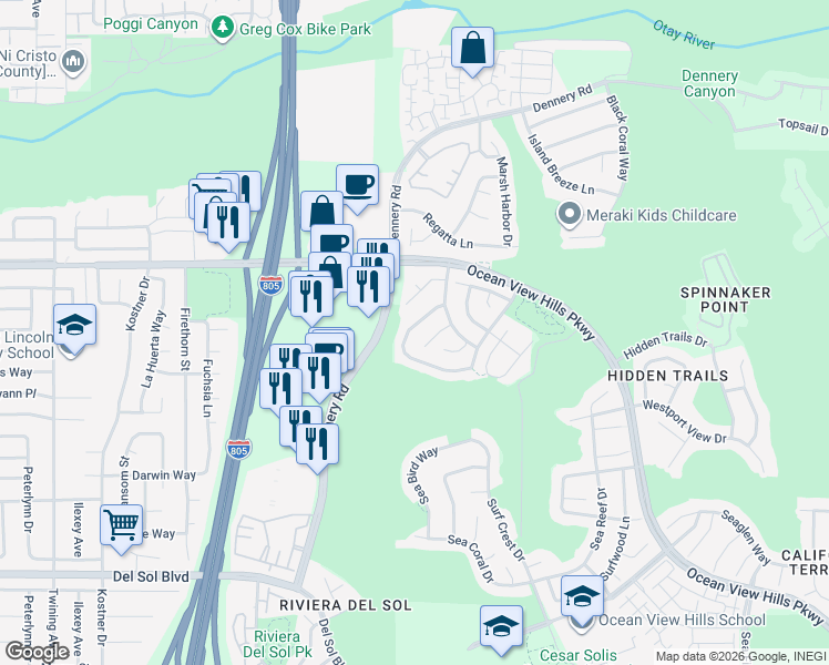map of restaurants, bars, coffee shops, grocery stores, and more near 4754 Falconhurst Terrace in San Diego