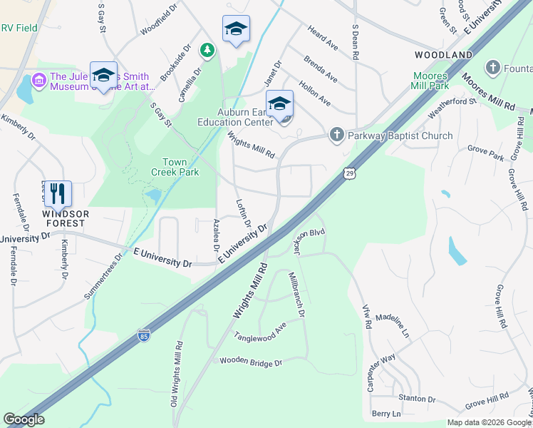 map of restaurants, bars, coffee shops, grocery stores, and more near 583 East University Drive in Auburn