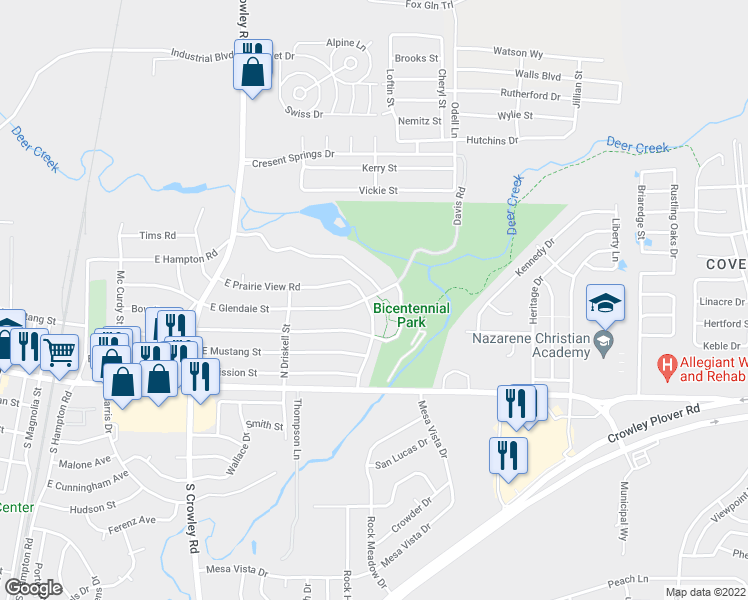 map of restaurants, bars, coffee shops, grocery stores, and more near 224 North Prairie View Road in Crowley