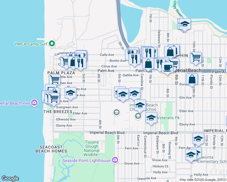map of restaurants, bars, coffee shops, grocery stores, and more near 811 Corvina Street in Imperial Beach