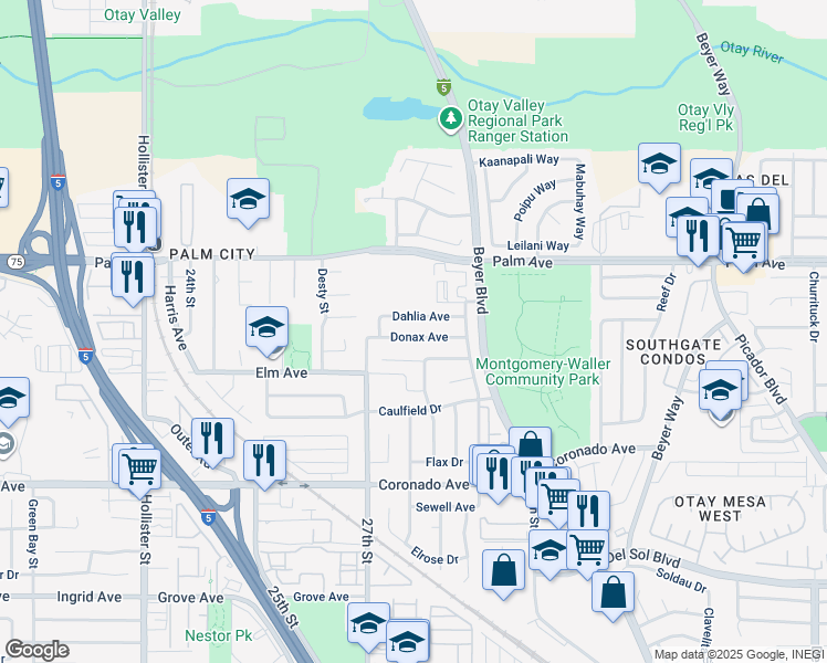 map of restaurants, bars, coffee shops, grocery stores, and more near 2810 Donax Avenue in San Diego
