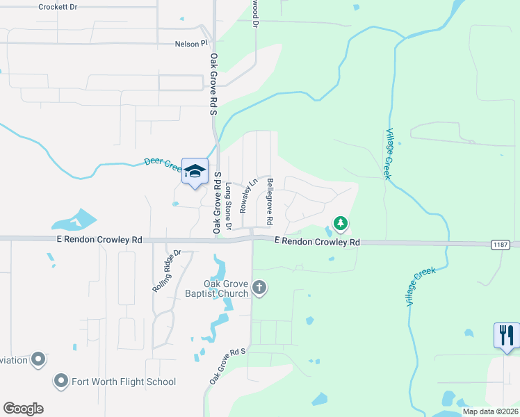 map of restaurants, bars, coffee shops, grocery stores, and more near 1525 Wickham Drive in Burleson