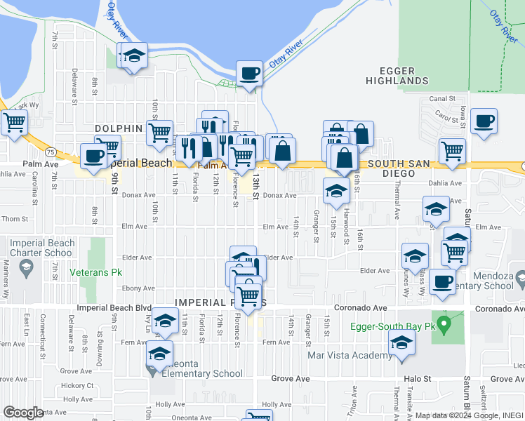 map of restaurants, bars, coffee shops, grocery stores, and more near 838 Georgia Street in Imperial Beach