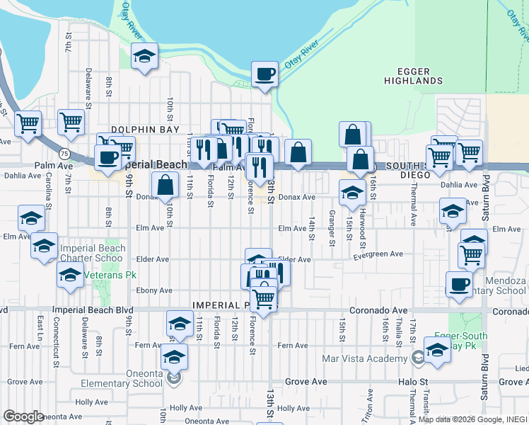 map of restaurants, bars, coffee shops, grocery stores, and more near 837 Florence Street in Imperial Beach