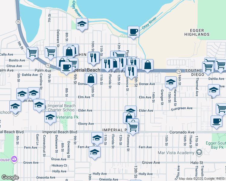 map of restaurants, bars, coffee shops, grocery stores, and more near 838 Florida Street in Imperial Beach