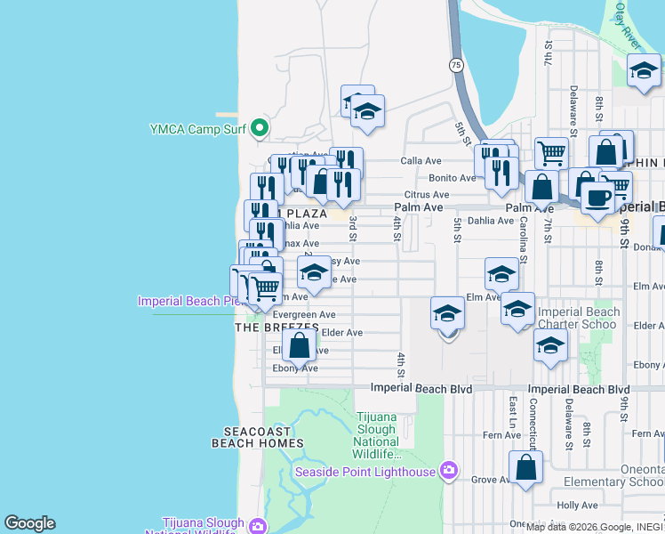 map of restaurants, bars, coffee shops, grocery stores, and more near 221 Daisy Avenue in Imperial Beach