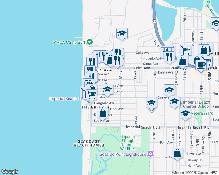 map of restaurants, bars, coffee shops, grocery stores, and more near 221 Daisy Avenue in Imperial Beach