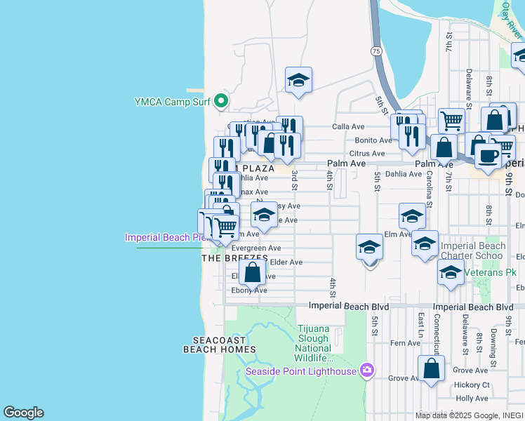 map of restaurants, bars, coffee shops, grocery stores, and more near 221 Daisy Avenue in Imperial Beach