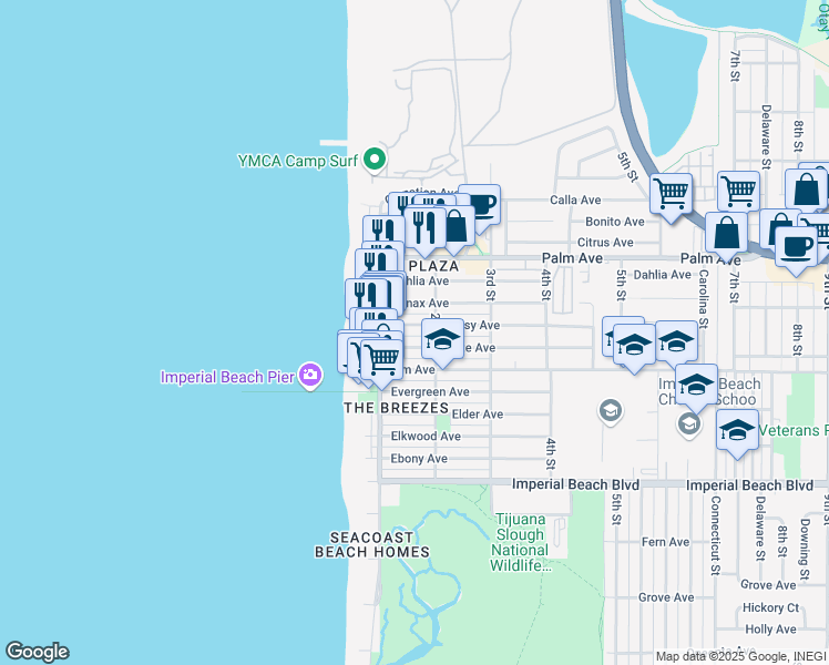 map of restaurants, bars, coffee shops, grocery stores, and more near 149 Daisy Avenue in Imperial Beach