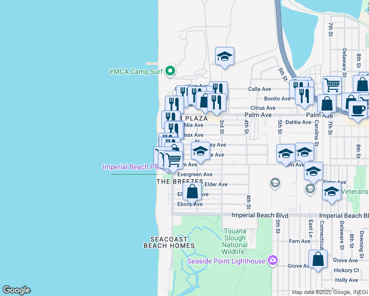 map of restaurants, bars, coffee shops, grocery stores, and more near 149 Daisy Avenue in Imperial Beach