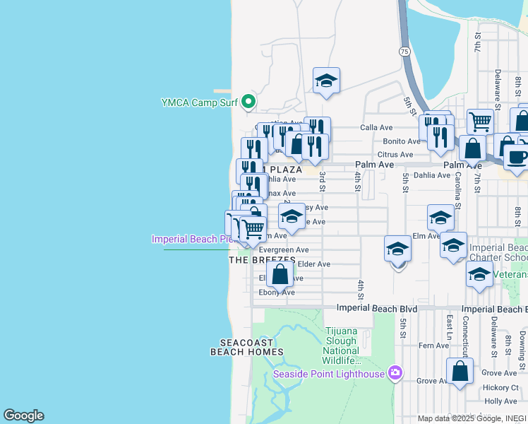 map of restaurants, bars, coffee shops, grocery stores, and more near 149 Daisy Avenue in Imperial Beach